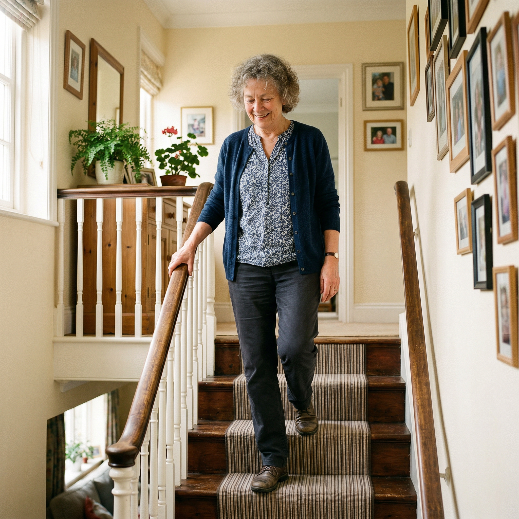 Woman walking confidently on stairs